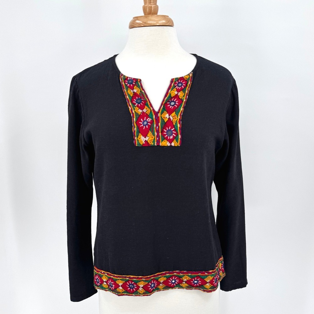 Funky People Black Linen Blend Embroidered Boho Tunic Top Womens Large (fits m)โ